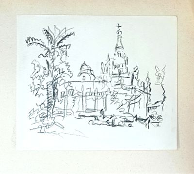 Каковкин Пётр. Южный город. 1990-е гг. Бумага, уголь. Размер: 19,5 х 24 см. Работа в хорошем 