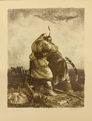 Кибрик Евгений. Илья Муромец и Сокольник. Иллюстрация к книге "Героические былины" СУХМАН. 1949 