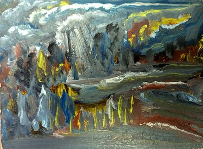 Киянцев Владимир. Пейзаж. 1991 г. Картон, темпера. Размер: 11,5 х 15 см.
Работа подписная, в 