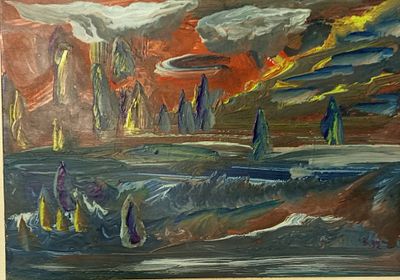 Киянцев Владимир. Пейзаж. 1992 г. Картон, темпера. Размер: 10,5 х 14,5 см.
Работа подписная, в 