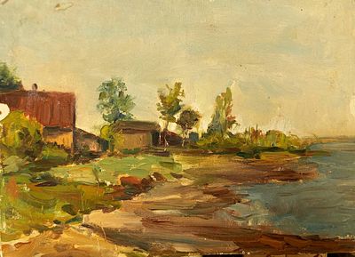 Кривицкий Л. (?) Берег реки. 1950-е г.г . Картон, масло. Размер: 17,5 х 25 см. Работа в хорошем 