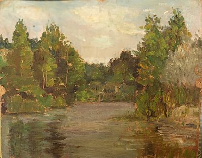 Кривицкий Л. (?) Лесное озеро. 1950-е г.г . Картон, масло. Размер: 19,5 х 26 см. Работа в 