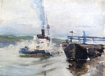 Кучеренко Владимир. У причала. 1970-е гг. Картон, масло. Размер: 34 х 46 см. Работа без подписи 
