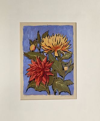 Померанцева Е. Георгины. 1978 г. Бумага, литография с подкраской. Размер: 35 х 28 см. Работа 