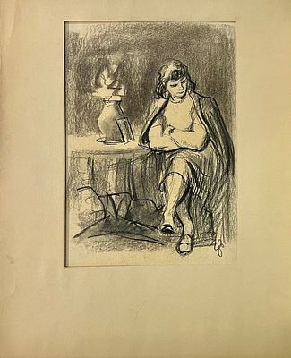 Фитингоф Георгий. Девушка за столом. 1950-е гг. Бумага, соус, уголь. Размер: 32 х 23 см. Работа 