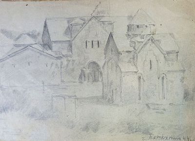 Бетехтин Орест. Город. 1944 год. Бумага, карандаш. Размер: 20,5 х 28 см. Работа подписная, в 