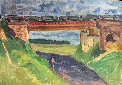 Гершкович Александр. Мост. 1980 гг. Картон, масло. Размер: 33,5 х 48 см. Работа без подписи. В 