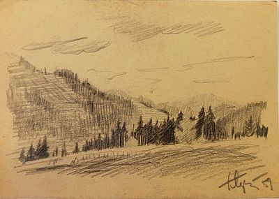Лукашов Георгий. Пейзаж. 1959 год. Бумага, карандаш. Размер: 15 х 21 см. Работа в хорошем 