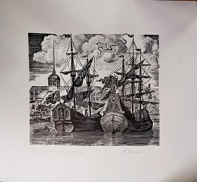 Яхнин Рудольф. Порт у Троицкой площади. Линогравюра. Размер: 41 х 43 см. 1970-е годы. Работа 