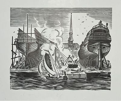 Яхнин Р. М. Строительство кораблей. 2000 г. Бумага, линогравюра. Размер: 40 х 45 см.
Работа в 