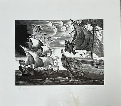 Яхнин Р. М. В походе. 1990-е гг. Бумага, линогравюра. Размер: 42 х 47 см.
Работа в хорошем 