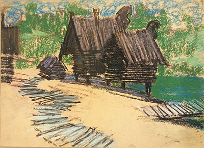 Кучеренко Владимир. Избы. 1960-е гг. Бумага, пастель. Размер: 28,5 х 39 см. Работа без подписи 
