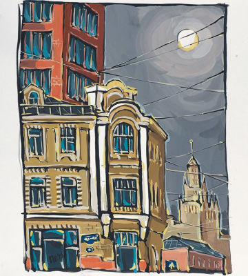 Пермякова Екатерина. &laquo;Покровский бульвар&raquo;. 2018. Бумага, гуашь. 30,5&times;27 см.