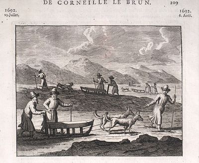 Гравюра: Русские с собачьими упряжками в Сибири. Амстердам: Chez les fr&egrave;res 