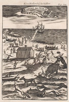 [Зимовка команды Виллема Баренца на Новой Земле] Гравюра: Оборона хижины. [Cabane des 