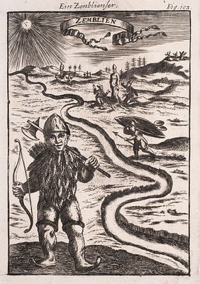 Гравюра: Житель Новой Земли. [Zemblien. На нем. яз.] Франкфурт на Майне: Johann 