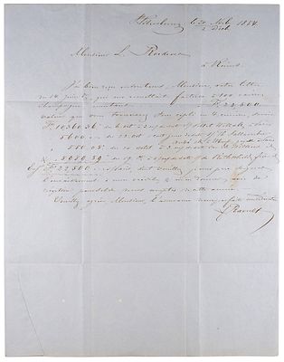 Письмо-конверт на имя производителя вина Луи Родерера в связи с оплатой ста 