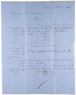 Письмо-конверт на имя производителя вина Луи Родерера в связи с оплатой двухсот 