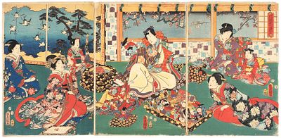 Утагава Кунисада (Тоекуни III) (1786-1865). Триптих &laquo;Принц Гэндзи устраивает кукольное 