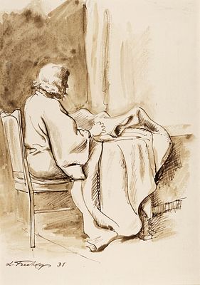 Фречкоп (Фрешкоп) Леонид Исаакович (1897–1982) &laquo;За шитьем&raquo;. 1931. Бумага, тушь 