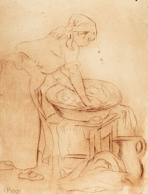 Кругликова Елизавета Сергеевна (1865–1941) &laquo;Стирка&raquo;. 1939. Бумага, сухая игла, 28 