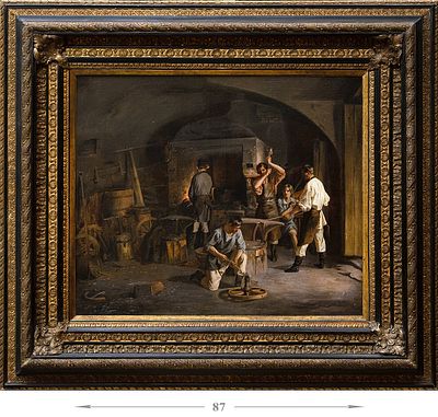 [Школа Венецианова] Плахов Лавр Кузьмич (1810–1881) &laquo;В кузнице&raquo;. 1840-е. Холст 