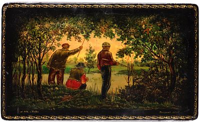 Шкатулка &laquo;Рыбаки&raquo;. СССР, Палех, А.В. Борунов. 1953. Папье-маше, роспись. 