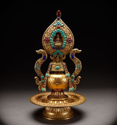 Qing Dynasty bronze gilded turquoise inlaid Buddhist niche. Height: 48cm, Width: 26cm, Weight: 5867g