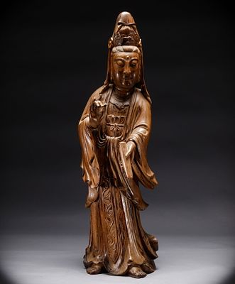 Qing Dynasty Golden Thread Nanmu Guanyin Statue. Height: 86cm, Width: 25cm, Weight: 9157g