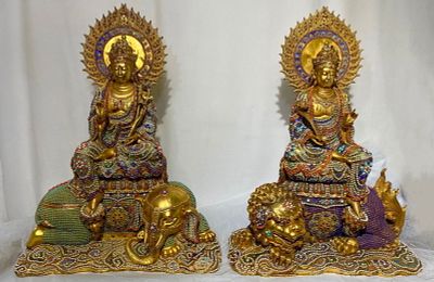 Qing Dynasty Copper Gilded with Gemstones, Manjusri Bodhisattva, Samantabhadra Bodhisattva. Heigh 