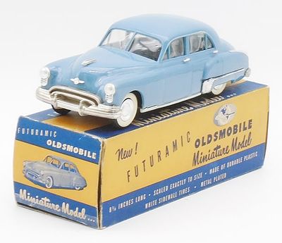 CRUVER 1949 OLDSMOBILE 98 PROMO. plastic, gray blue, 7 7/8", side windows are crinkled, orig box