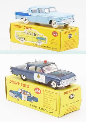 2 DINKY VEHICLES. 264 RCMP Police Car, decals & antenna intact, 179 Studebaker President