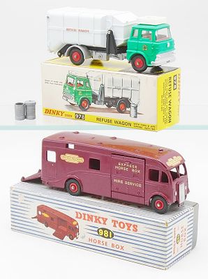 2 DINKY VEHICLES. 978 Refuse Wagon, w/2 barrels, 1 missing top, 981 Horse Box, minor decal wear