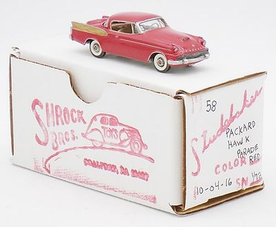 SHROCK 1958 PACKARD HAWK. white metal, 1/72 scale, Parade red, orig box &amp; insert, C9. Box 5" 