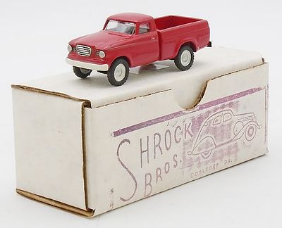 SHROCK 1964 STUDEBAKER FLEETSIDE CHAMP. white metal, 1/72 scale, red, orig box &amp; insert 