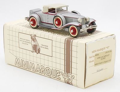 MINI MARQUE 1929 CORD L29 CABRIOLET. white metal, 1/43 scale, #236, silver w/red trim, orig box 