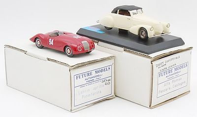 2 FUTURE MODELS AUTOS. resin, 1/43 scale, 94 Lancia Aprilla, Alfa Romeo Spider Pescara, orig 