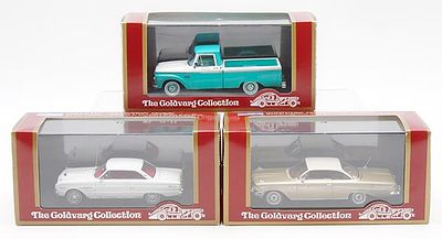 3 GOLDVARG COLLECTION MODELS. plastic, 1/43 scale, 004A 1965 Ford F100 Pick Up, turquoise, 010B 