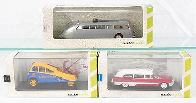 3 AUTOCULT VEHICLES. 1:43 scale, 1005 S532 Autobahn Bux, 11004 Streamlined Wrecker, 12010 