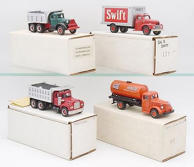 4 DEHANES TRUCKS. resin, 1/43 scale, Mack R Dump Truck, IHC R Swift Van, 1947 Brockway Dump, 801 