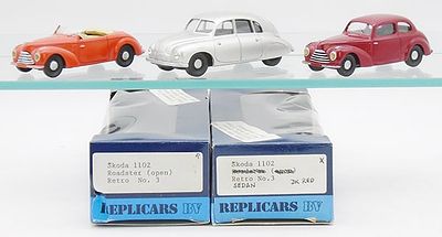 3 REPLICARS MODELS. resin, 1/43 scale, #3 1102 Skoda Open, #1 Tatra, #3 1102 Skoda Sedan, orig 
