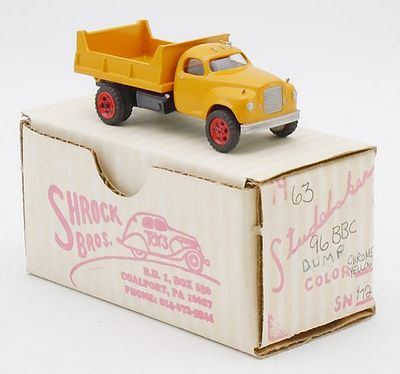 SHROCK 1963 STUDEBAKER 96 BBC DUMP TRUCK. white metal, 1/72 scale, chrome yellow, orig box &amp; 