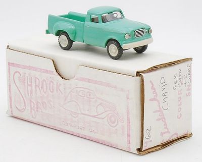 SHROCK 1962 STUDEBAKER J2 PICK UP. white metal, 1/72 scale, Gem green, orig box &amp; insert 