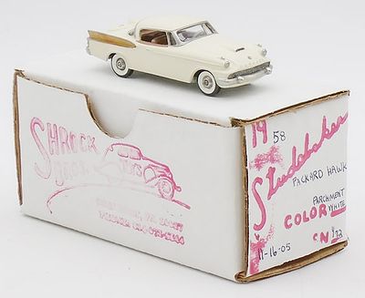 SHROCK 1958 PACKARD HAWK. white metal, 1/72 scale, Parchment white, orig box &amp; insert, C9. 
