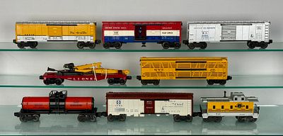 8 Lionel Freight cars. 9 vintage Lionel O-Gauge model railroad rolling stock items, accompanied 