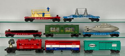 8 Lionel Freight Cars. 8 Lionel Postwar O Gauge rolling stock cars, accompanied by their 