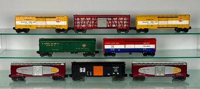8 Lionel Freight Cars. 8 Lionel Postwar O-gauge model train freight cars, predominantly 