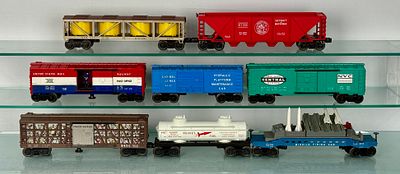 8 Lionel Freight Cars. 8 Lionel Post-War O-Gauge model train cars, The collection features a 