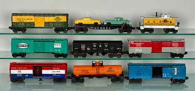 8 Lionel Freight Cars. 8 Lionel O-gauge model train rolling stock. This lot includes various 
