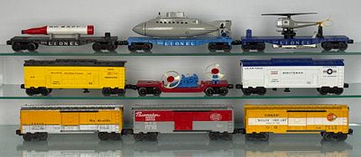 9 Lionel Freight Cars. A collection of nine Lionel Postwar O-gauge model railroad rolling stock 